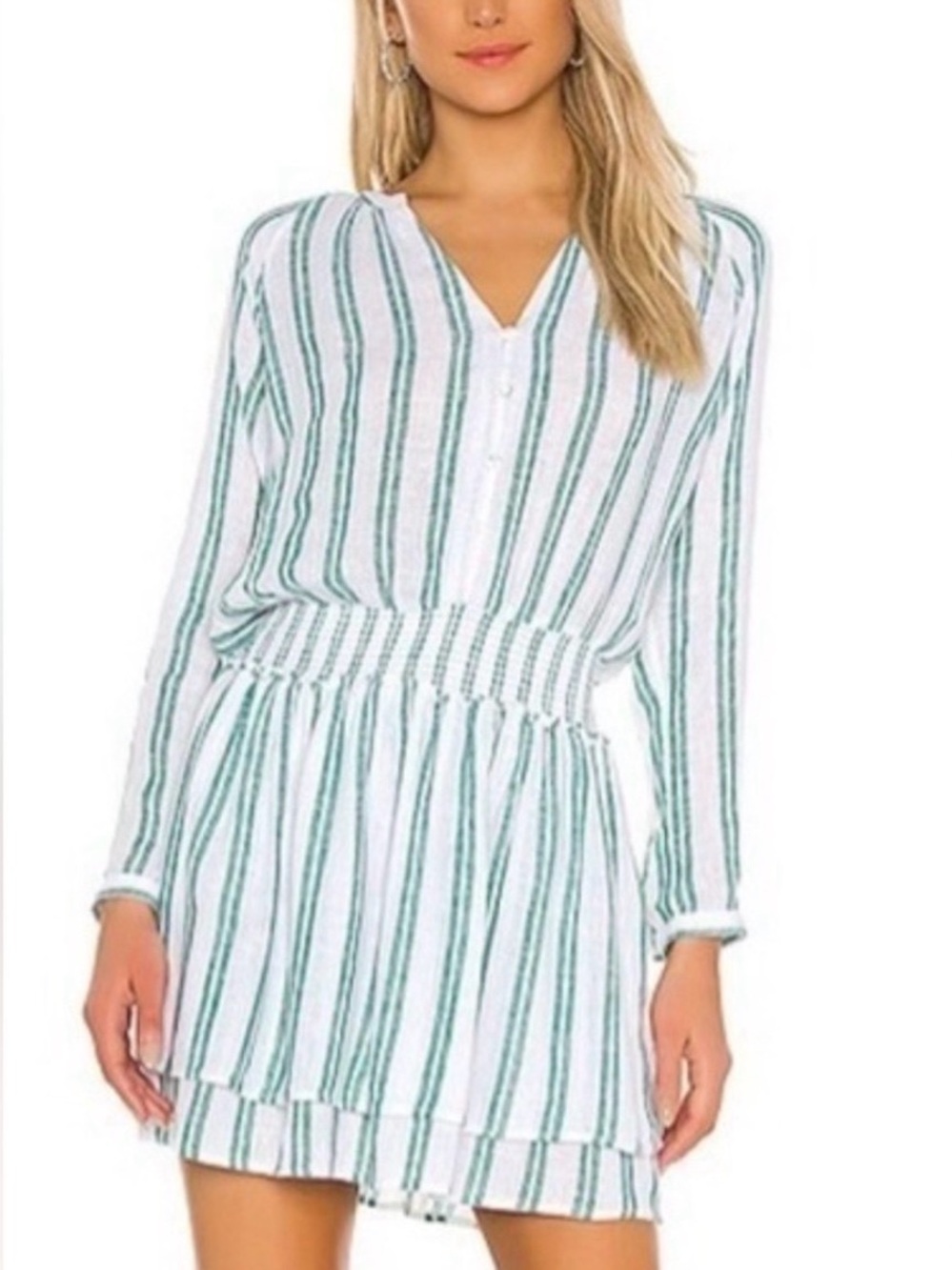 Rails White Dress with Green Vertical Stripes - Long Sleeve EUC